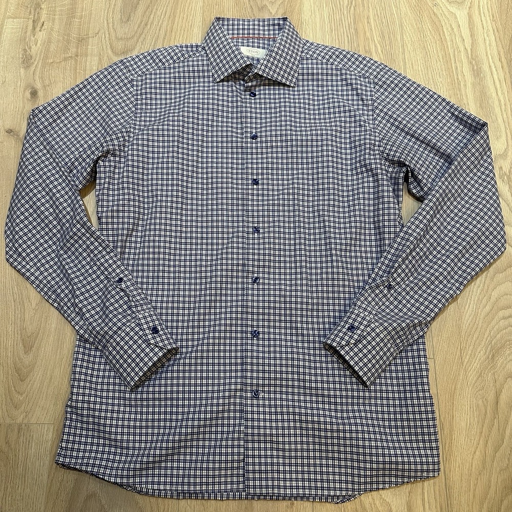 Eton Dress Shirt Long Sleeve Men's Size 17 43 Slim Purple Blue Plaid Button Up